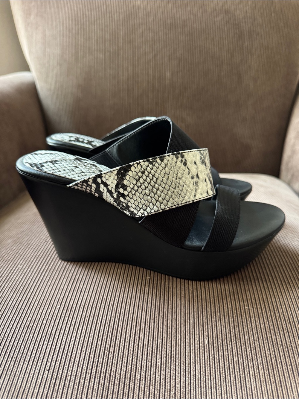 NWOT Black Wedge Slide Sandals with Snake-Print Strap